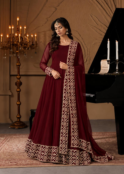 Pakistani Designer Maroon Chiffon Salwar Kameez Online in KSA Riyadh Saudi Arabia Oman Bahrain Qatar