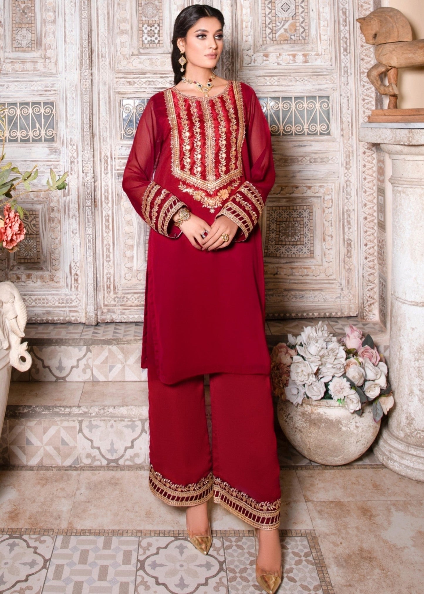 Pakistani Designer Maroon Chiffon Salwar Kameez Online in KSA Riyadh Saudi Arabia Oman Bahrain Qatar