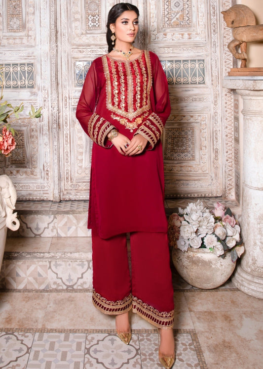 Pakistani Designer Maroon Chiffon Salwar Kameez Online in KSA Riyadh Saudi Arabia Oman Bahrain Qatar