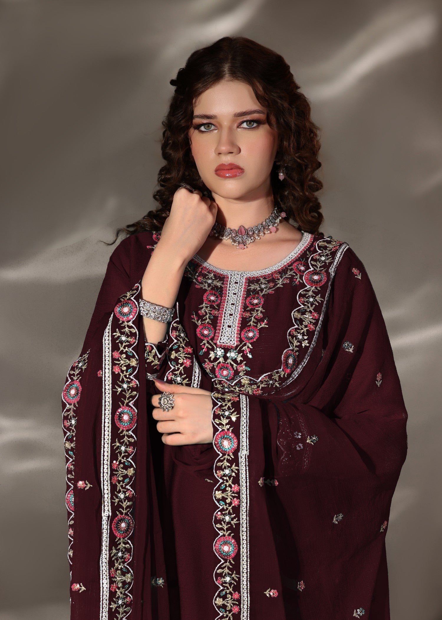 Pakistani Designer Maroon Chiffon Sharara Gharara Online in KSA Riyadh Saudi Arabia Oman Bahrain Qatar