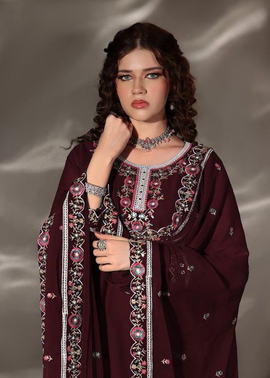 Pakistani Designer Maroon Chiffon Sharara Gharara Online in KSA Riyadh Saudi Arabia Oman Bahrain Qatar