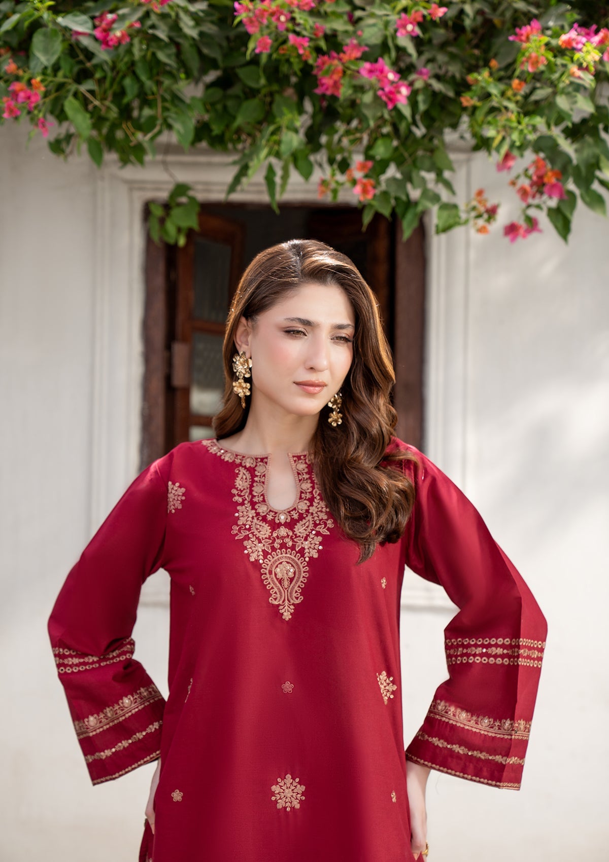Pakistani Designer Maroon Cotton Embroidered Suit Online in KSA Riyadh Saudi Arabia Oman Bahrain Qatar