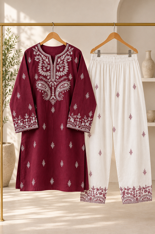 Pakistani Designer Maroon Cotton Farshi Shalwar Kameez Online in KSA Riyadh Saudi Arabia Oman Bahrain Qatar