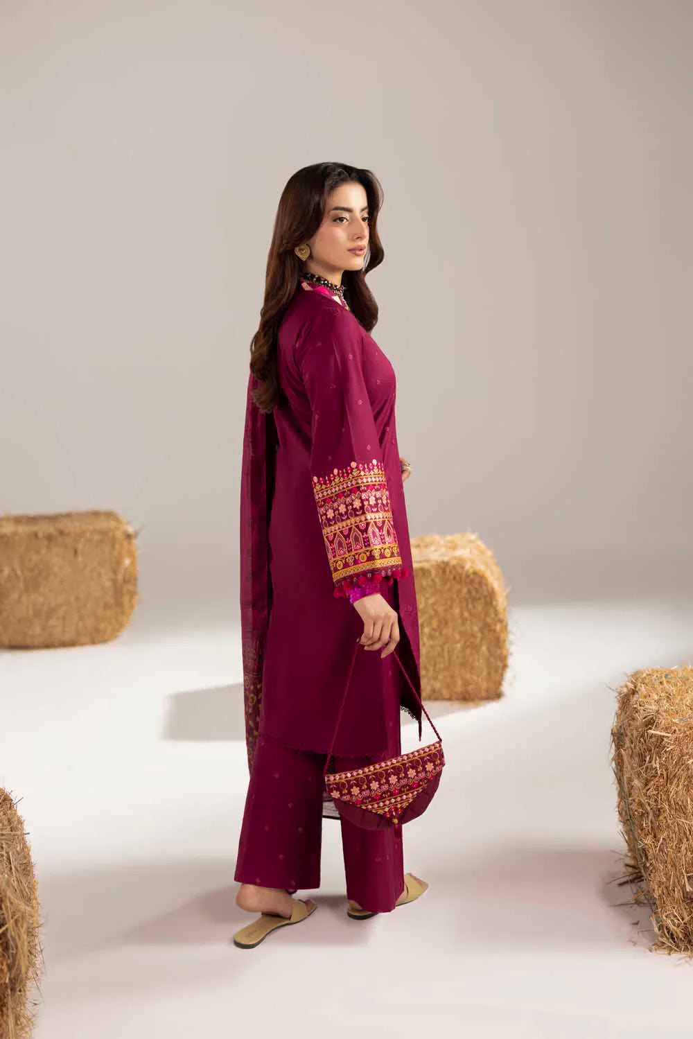Pakistani Designer Maroon Cotton Salwar Kameez Online in KSA Riyadh Saudi Arabia Oman Bahrain Qatar