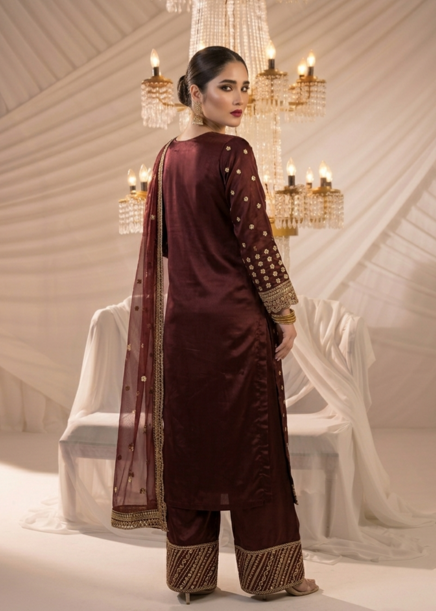 Pakistani Designer Maroon Embroidered Chiffon Suit Online in KSA Riyadh Saudi Arabia Oman Bahrain Qatar