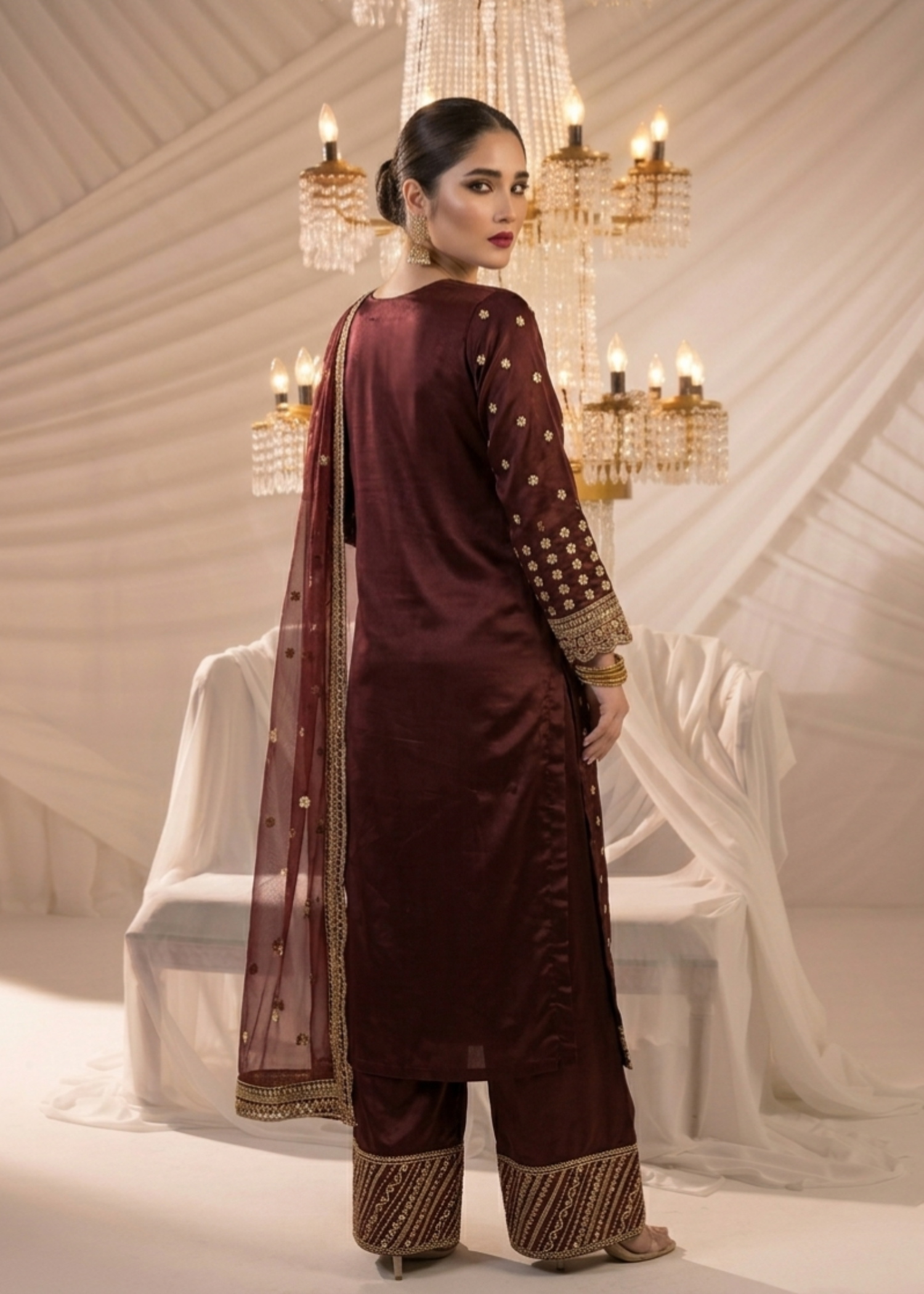 Pakistani Designer Maroon Embroidered Chiffon Suit Online in KSA Riyadh Saudi Arabia Oman Bahrain Qatar