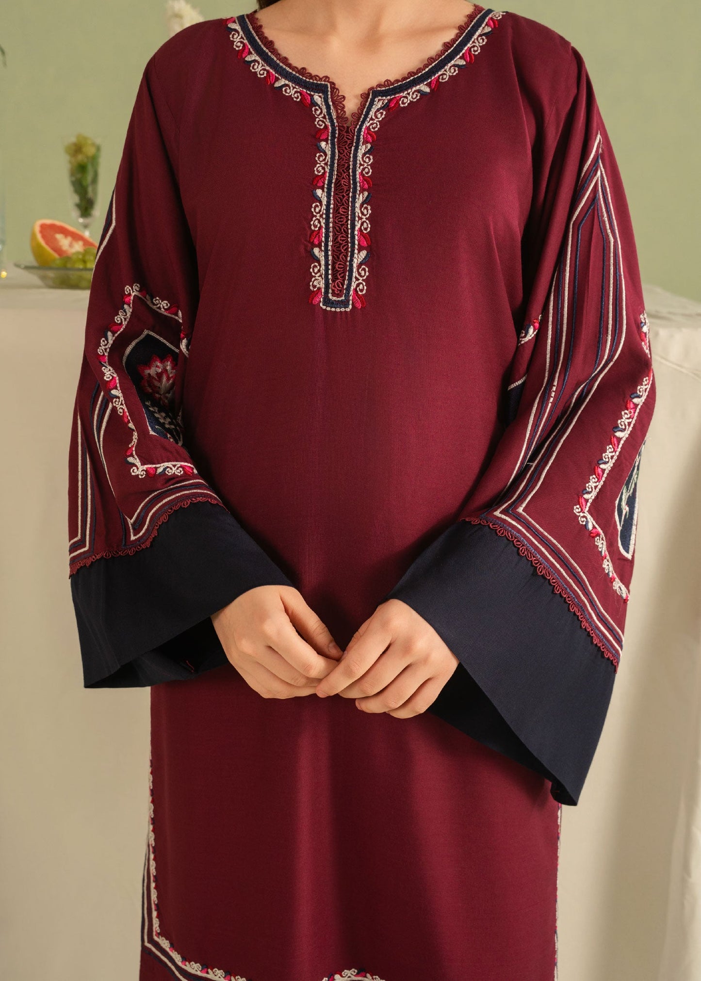 Pakistani Designer Maroon Embroidered Linen Suit Online in UK USA Canada