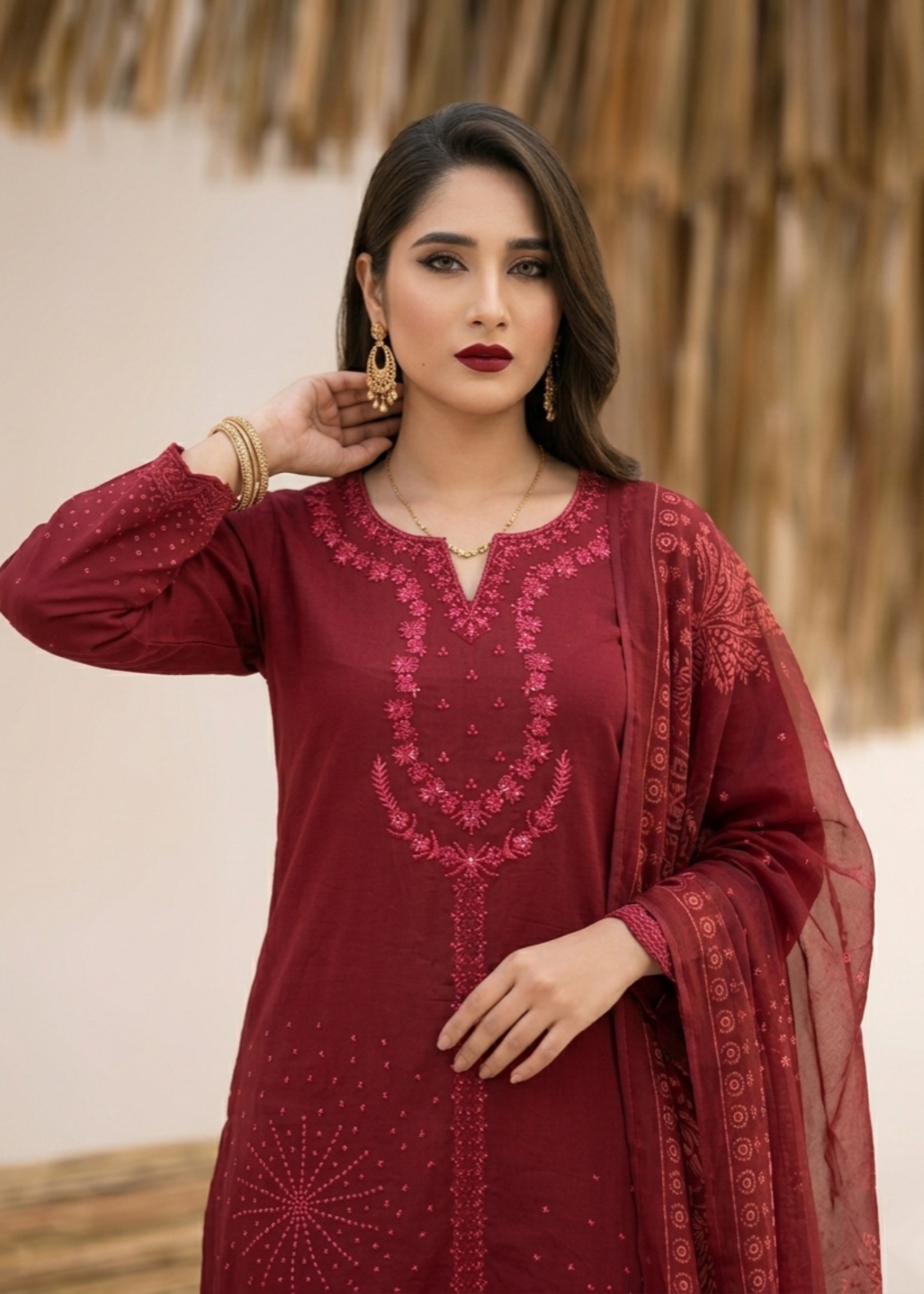 Pakistani Designer Maroon Embroidered Suit Online in KSA Riyadh Saudi Arabia Oman Bahrain Qatar