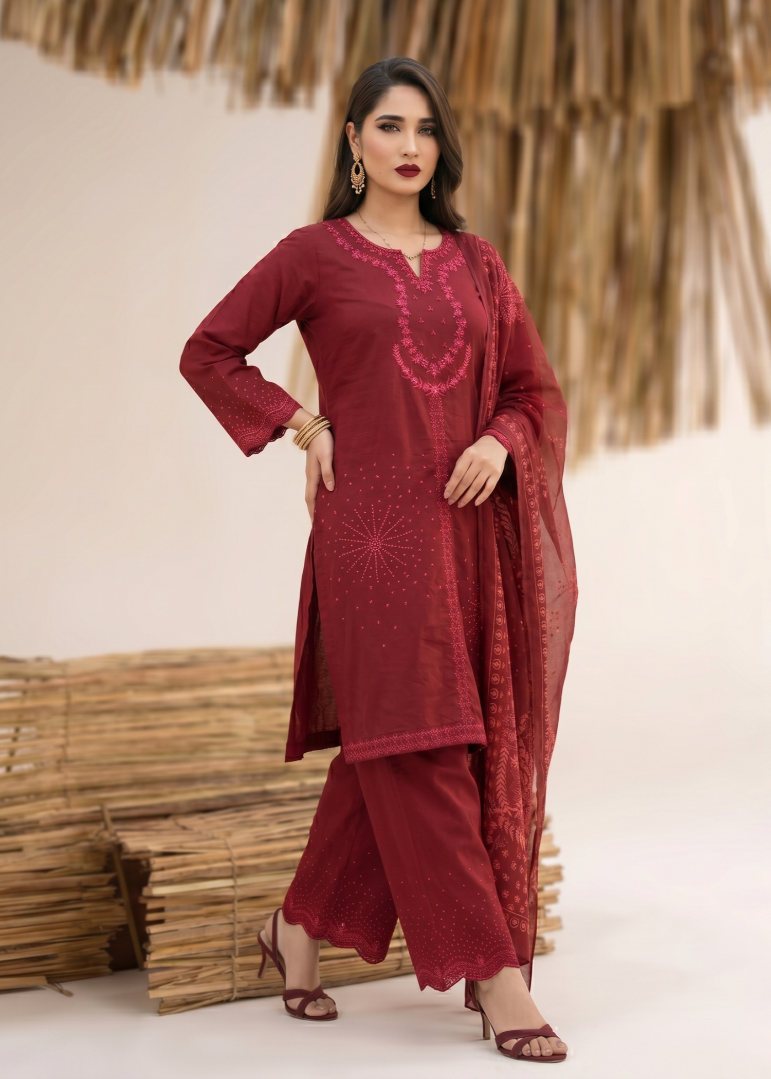 Pakistani Designer Maroon Lawn Salwar Kameez Online in KSA Riyadh Saudi Arabia Oman Bahrain Qatar