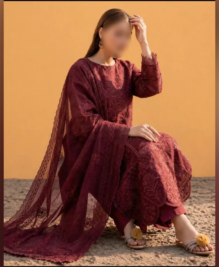 Pakistani Designer Maroon Lawn Salwar Kameez Online in KSA Riyadh Saudi Arabia Oman Bahrain Qatar