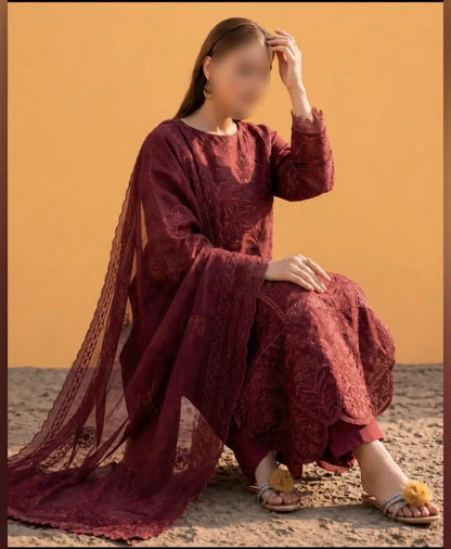 Pakistani Designer Maroon Lawn Salwar Kameez Online in KSA Riyadh Saudi Arabia Oman Bahrain Qatar