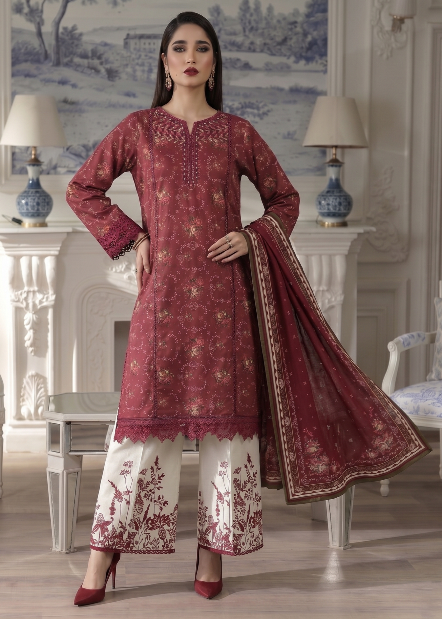 Pakistani Designer Maroon Lawn Salwar Kameez Online in KSA Riyadh Saudi Arabia Oman Bahrain Qatar