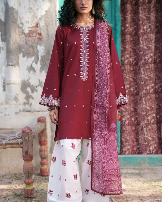 Pakistani Designer Maroon Lawn Salwar Kameez Online in KSA Riyadh Saudi Arabia Oman Bahrain Qatar