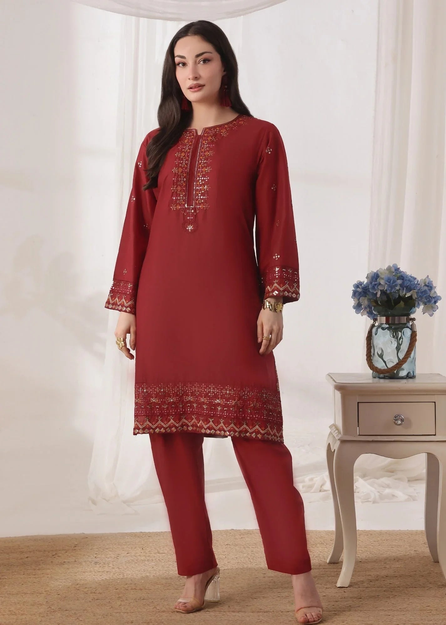 Pakistani Designer Maroon Lawn Suit Online in KSA Riyadh Saudi Arabia Oman Bahrain Qatar