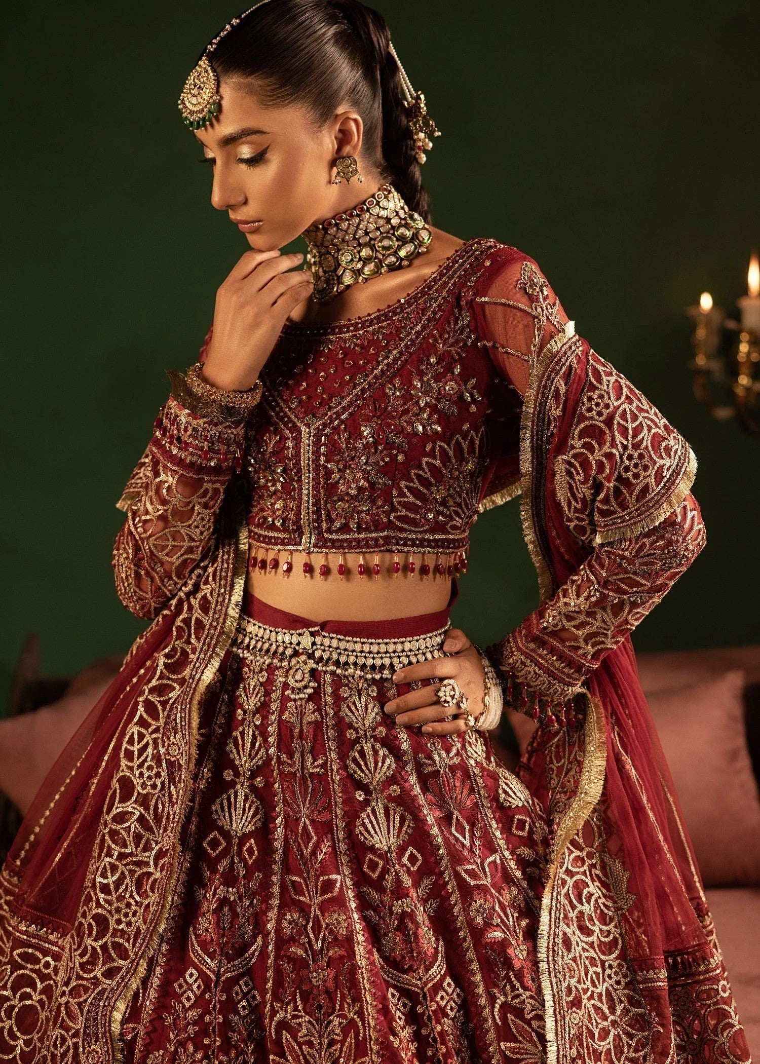 Pakistani Designer Maroon Net Lehenga Choli Online in Sri Lanka India Australia