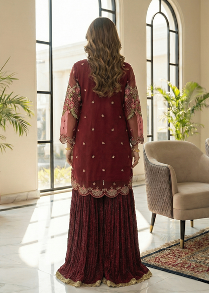 Pakistani Designer Maroon Organza Gharara Suit Online in Sri Lanka India Australia