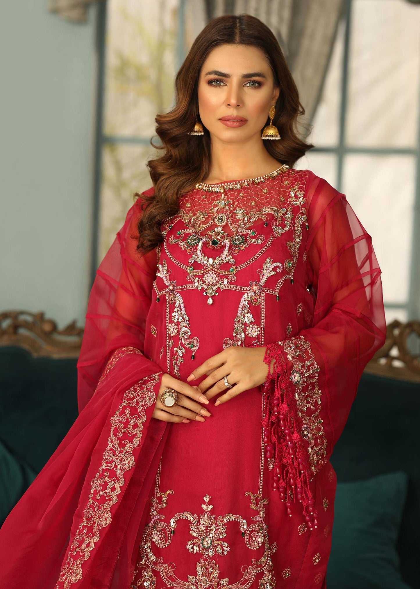 Pakistani Designer Maroon Organza Partywear Suit Online in UK USA Canada