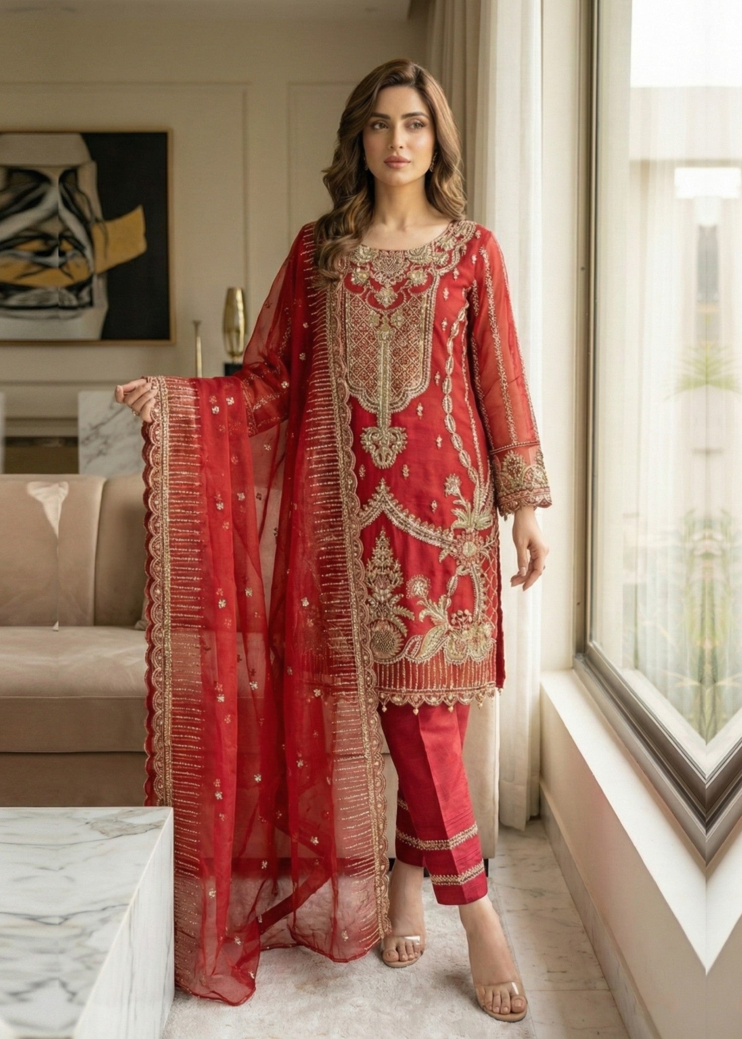 Pakistani Designer Maroon Organza Salwar Kameez Online in KSA Riyadh Saudi Arabia Oman Bahrain Qatar