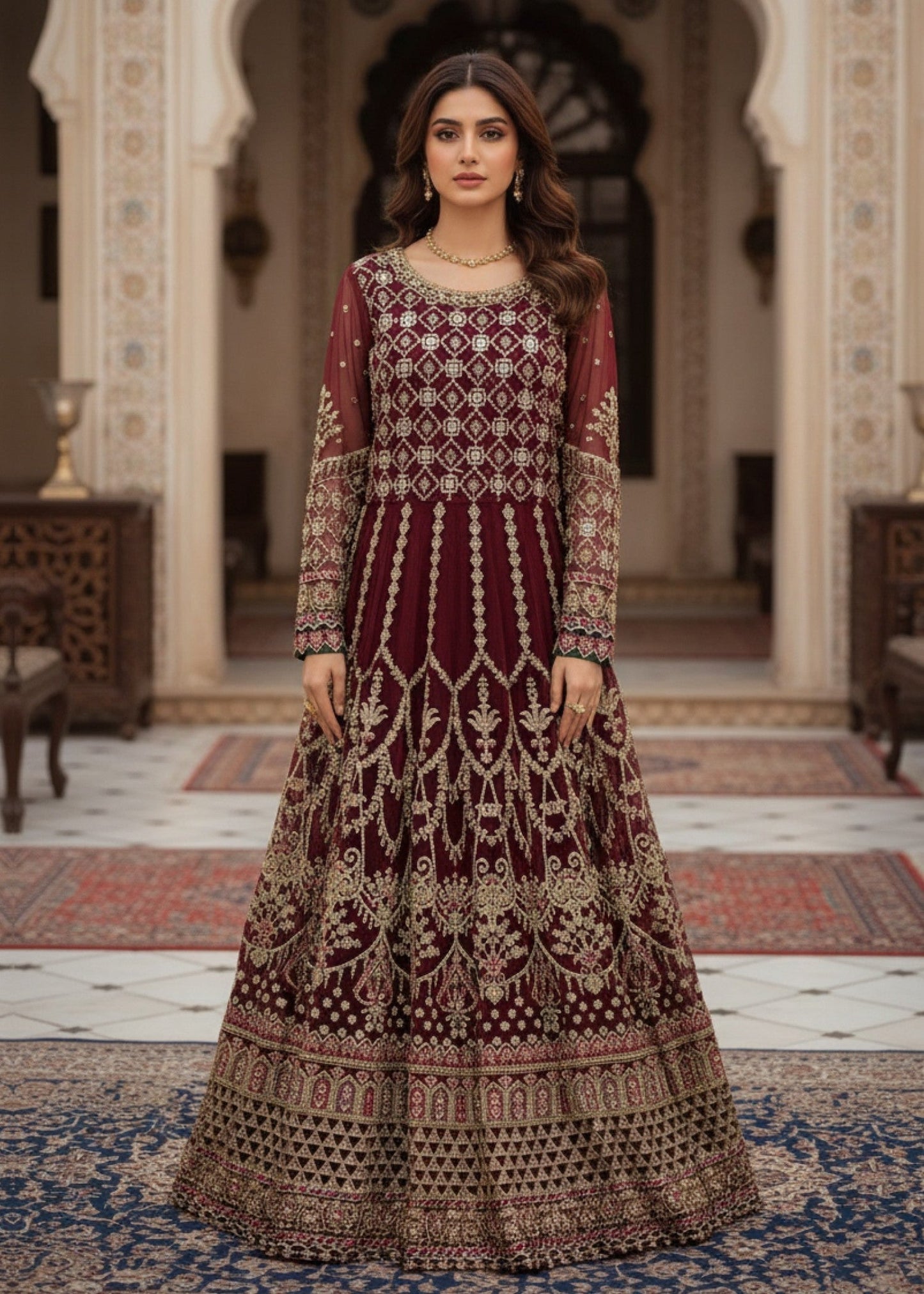 Pakistani Designer Maroon Organza Salwar Kameez Online in KSA Riyadh Saudi Arabia Oman Bahrain Qatar