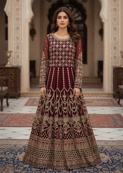 Pakistani Designer Maroon Organza Salwar Kameez Online in KSA Riyadh Saudi Arabia Oman Bahrain Qatar
