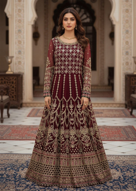 Pakistani Designer Maroon Organza Salwar Kameez Online in KSA Riyadh Saudi Arabia Oman Bahrain Qatar