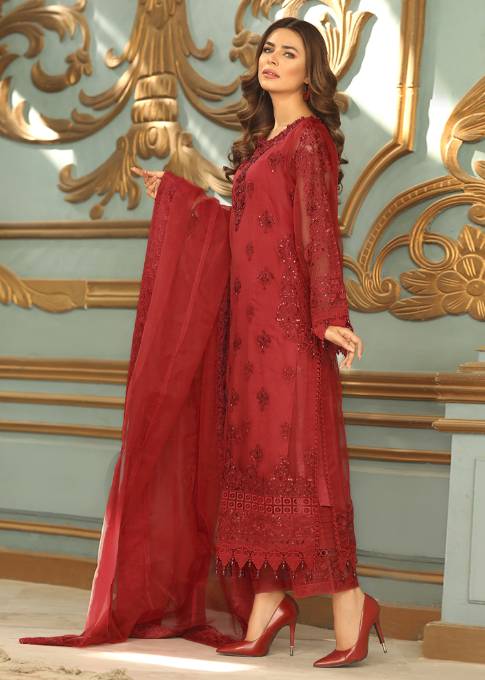Pakistani Designer Maroon Organza Salwar Kameez Online in KSA Riyadh Saudi Arabia Oman Bahrain Qatar