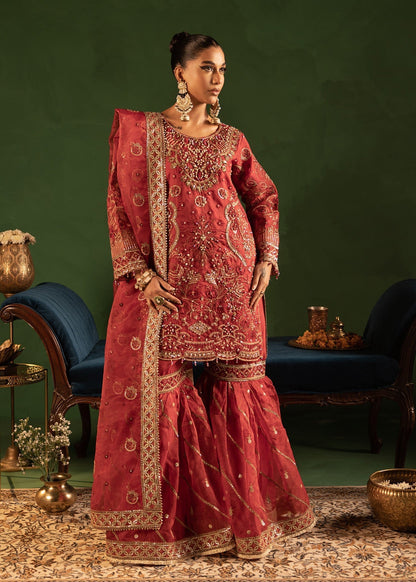Pakistani Designer Maroon Organza Sharara Gharara Online in KSA Riyadh Saudi Arabia Oman Bahrain Qatar
