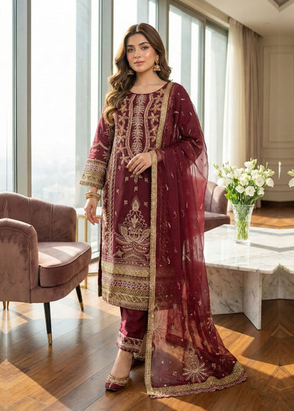 Pakistani Designer Maroon Organza Suit Online in KSA Riyadh Saudi Arabia Oman Bahrain Qatar