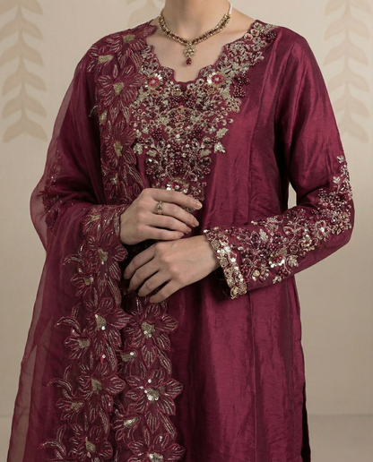 Pakistani Designer Maroon Raw Silk Salwar Kameez Online in KSA Riyadh Saudi Arabia Oman Bahrain Qatar
