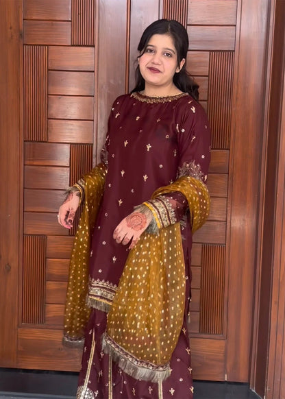 Pakistani Designer Maroon Raw Silk Sharara Gharara Online in KSA Riyadh Saudi Arabia Oman Bahrain Qatar