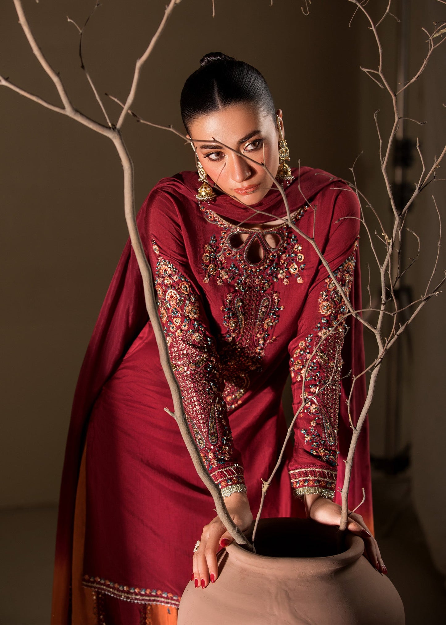Pakistani Designer Maroon Raw Silk Sharara Online in KSA Riyadh Saudi Arabia Oman Bahrain Qatar