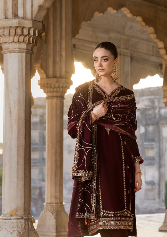 Pakistani Designer Maroon Velvet Embroidered Suit Online in Sri Lanka India Australia