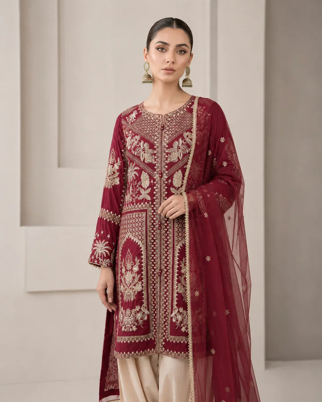 Pakistani Designer Maroon Viscose Suit with Net Dupatta Online in KSA Riyadh Saudi Arabia Oman Bahrain Qatar