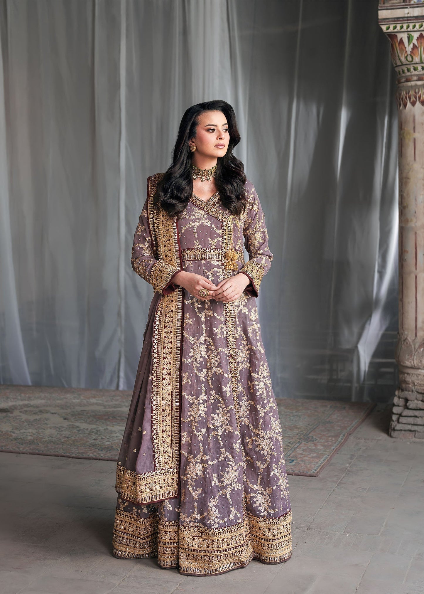 Pakistani Designer Mauve Chiffon Salwar Kameez Online in KSA Riyadh Saudi Arabia Oman Bahrain Qatar