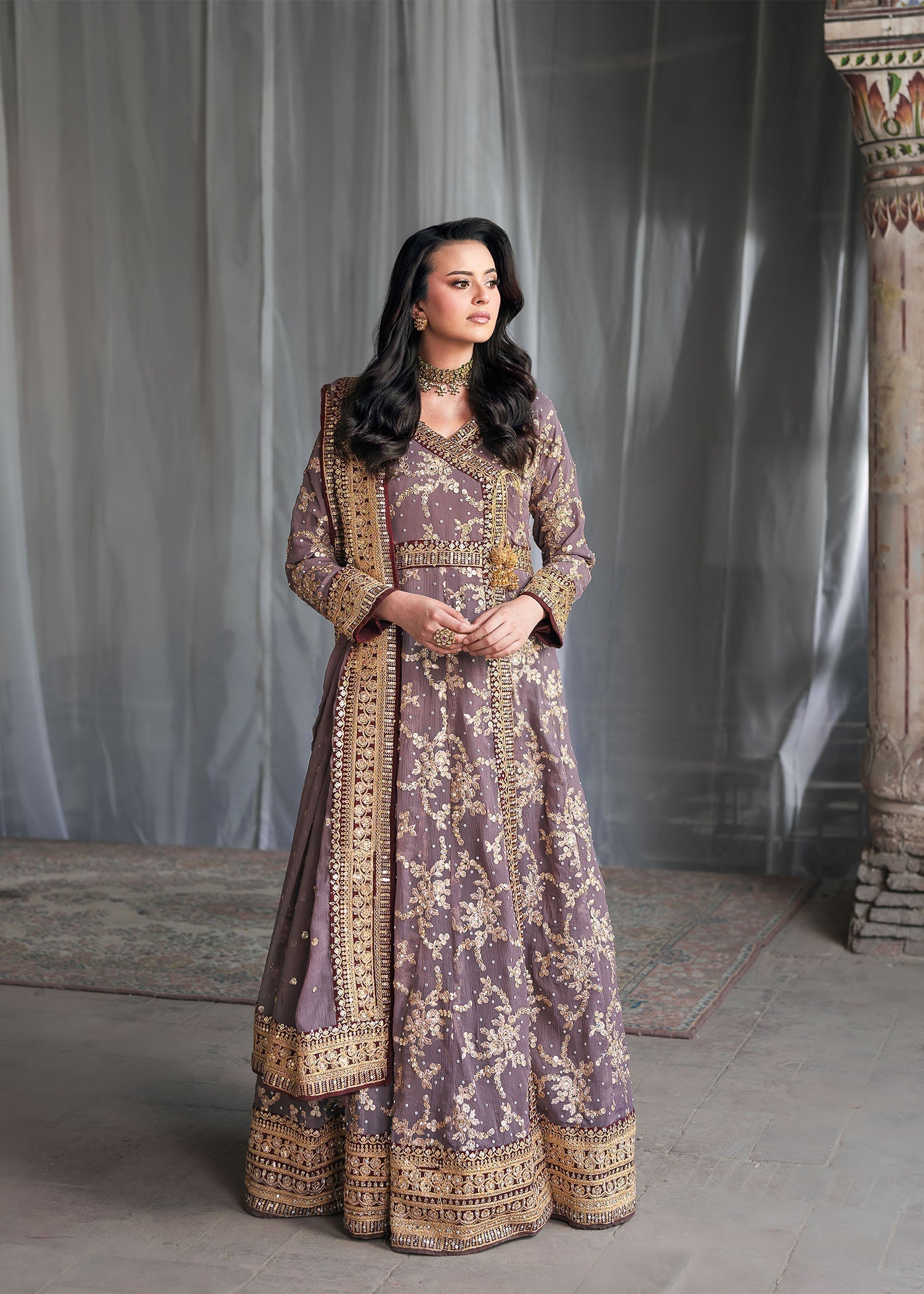 Pakistani Designer Mauve Chiffon Salwar Kameez Online in KSA Riyadh Saudi Arabia Oman Bahrain Qatar