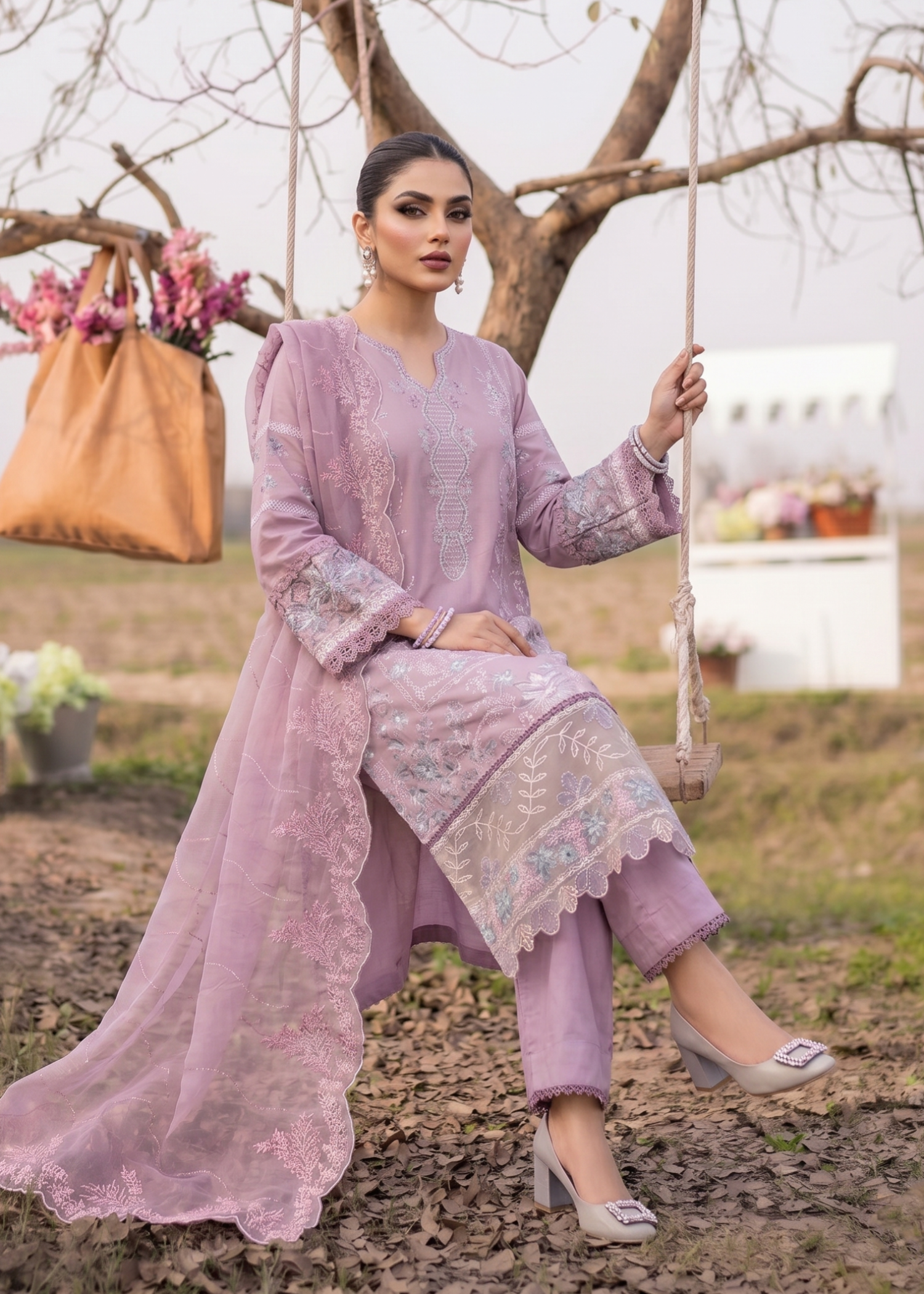 Pakistani Designer Mauve Embroidered Lawn Suit Online in KSA Riyadh Saudi Arabia Oman Bahrain Qatar