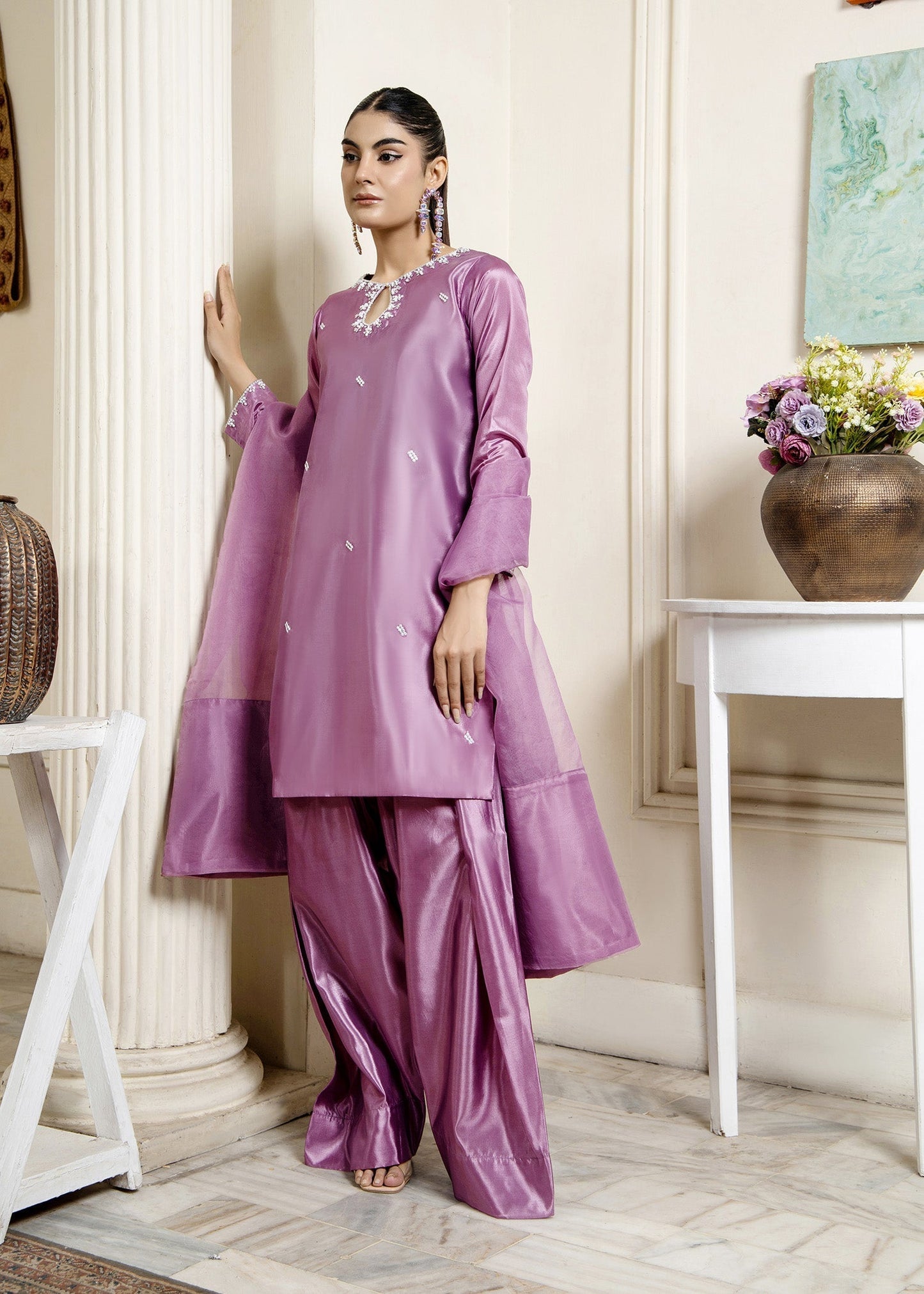 Pakistani Designer Mauve Farshi Shalwar Suit Online in KSA Riyadh Saudi Arabia Oman Bahrain Qatar