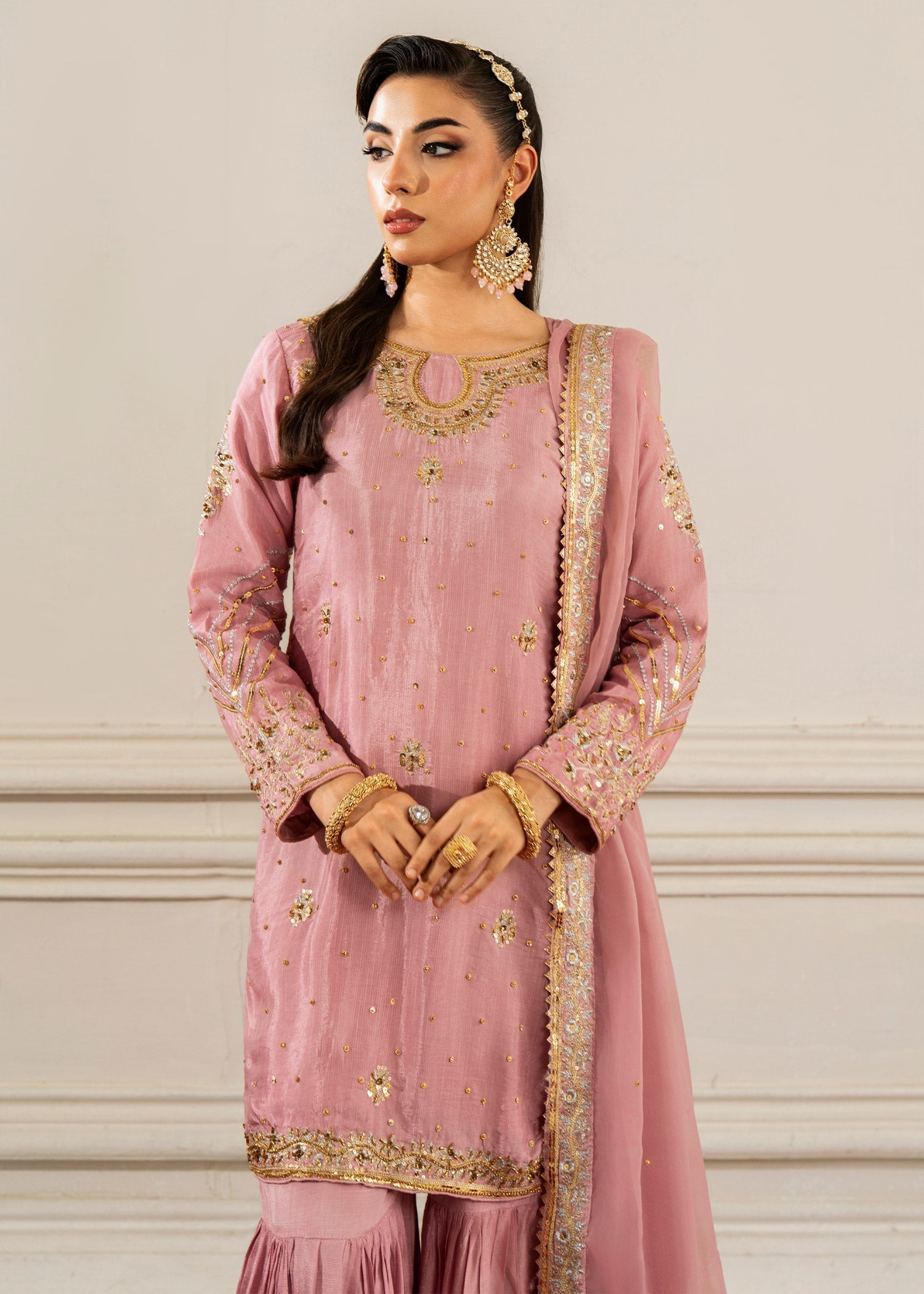 Pakistani Designer Mauve Pink Chiffon Salwar Kameez Online in KSA Riyadh Saudi Arabia Oman Bahrain Qatar
