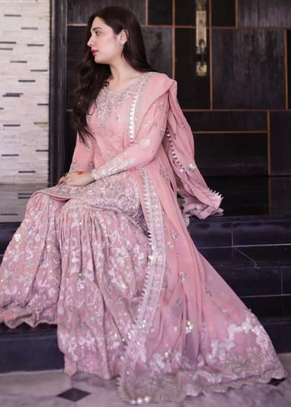 Pakistani Designer Mauve Pink Chiffon Salwar Kameez Online in KSA Riyadh Saudi Arabia Oman Bahrain Qatar