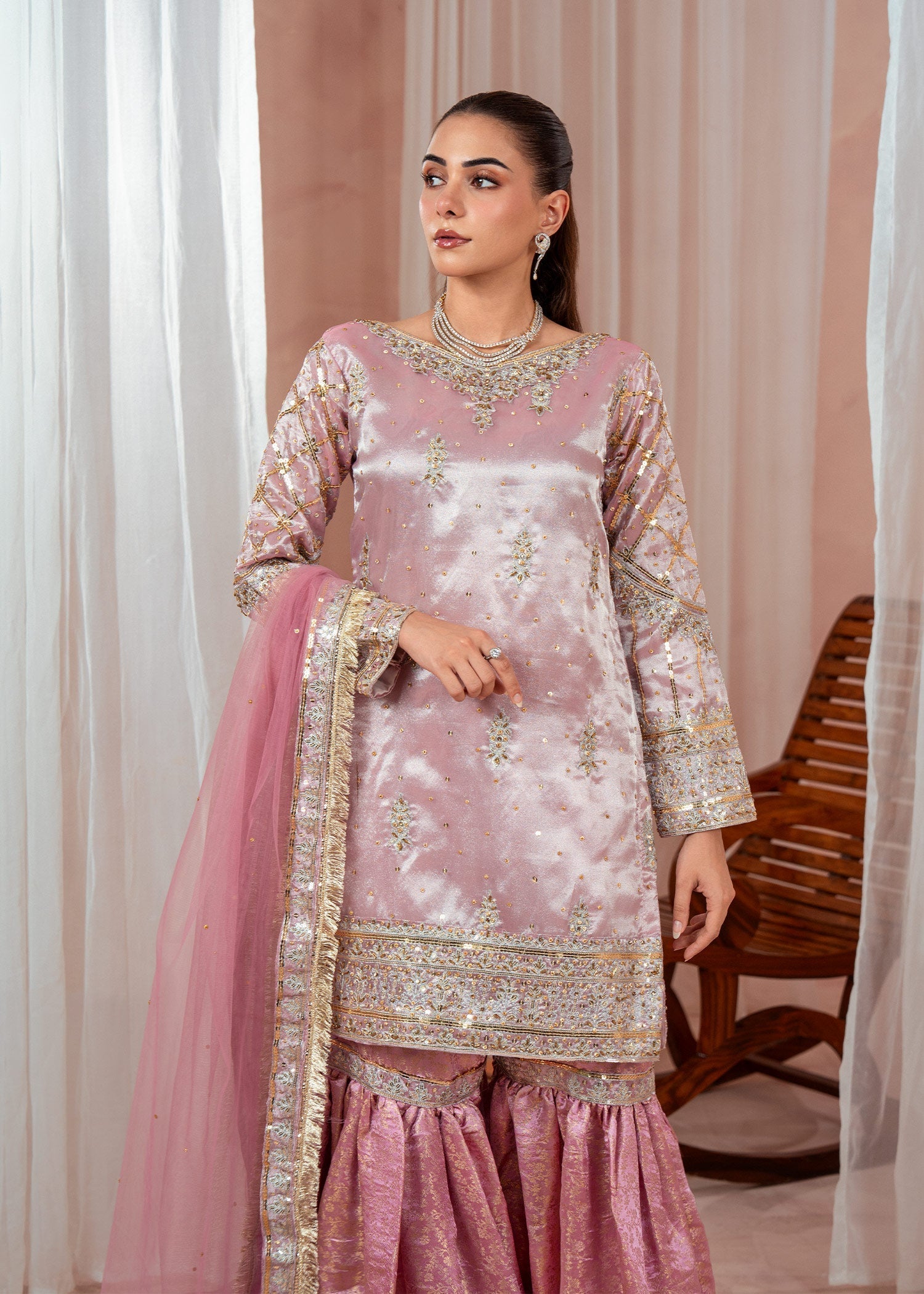 Pakistani Designer Mauve Pink Gharara Salwar Kameez Online in KSA Riyadh Saudi Arabia Oman Bahrain Qatar