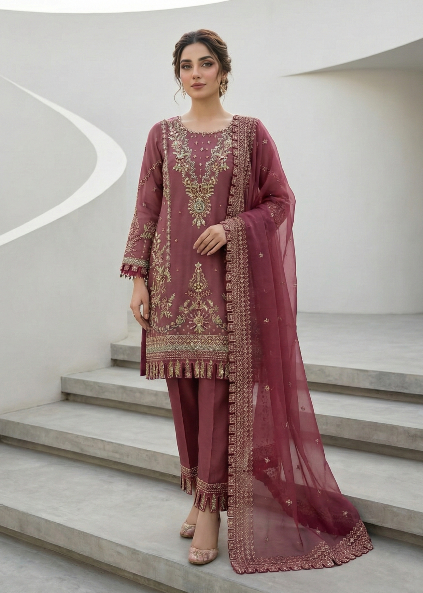 Pakistani Designer Mauve Pink Organza Salwar Kameez Online in KSA Riyadh Saudi Arabia Oman Bahrain Qatar