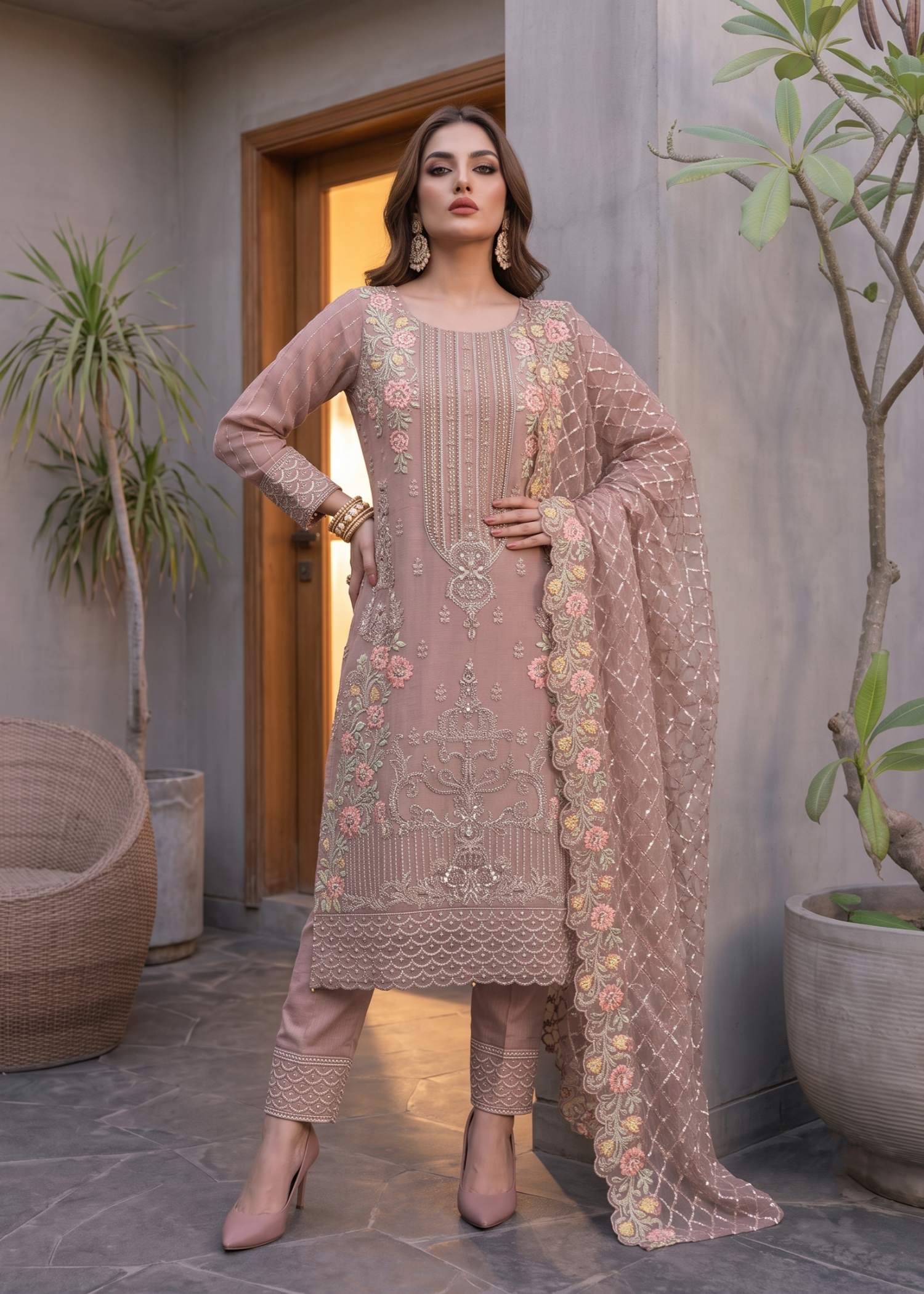 Pakistani Designer Mauve Pink Organza Salwar Suit Online in KSA Riyadh Saudi Arabia Oman Bahrain Qatar