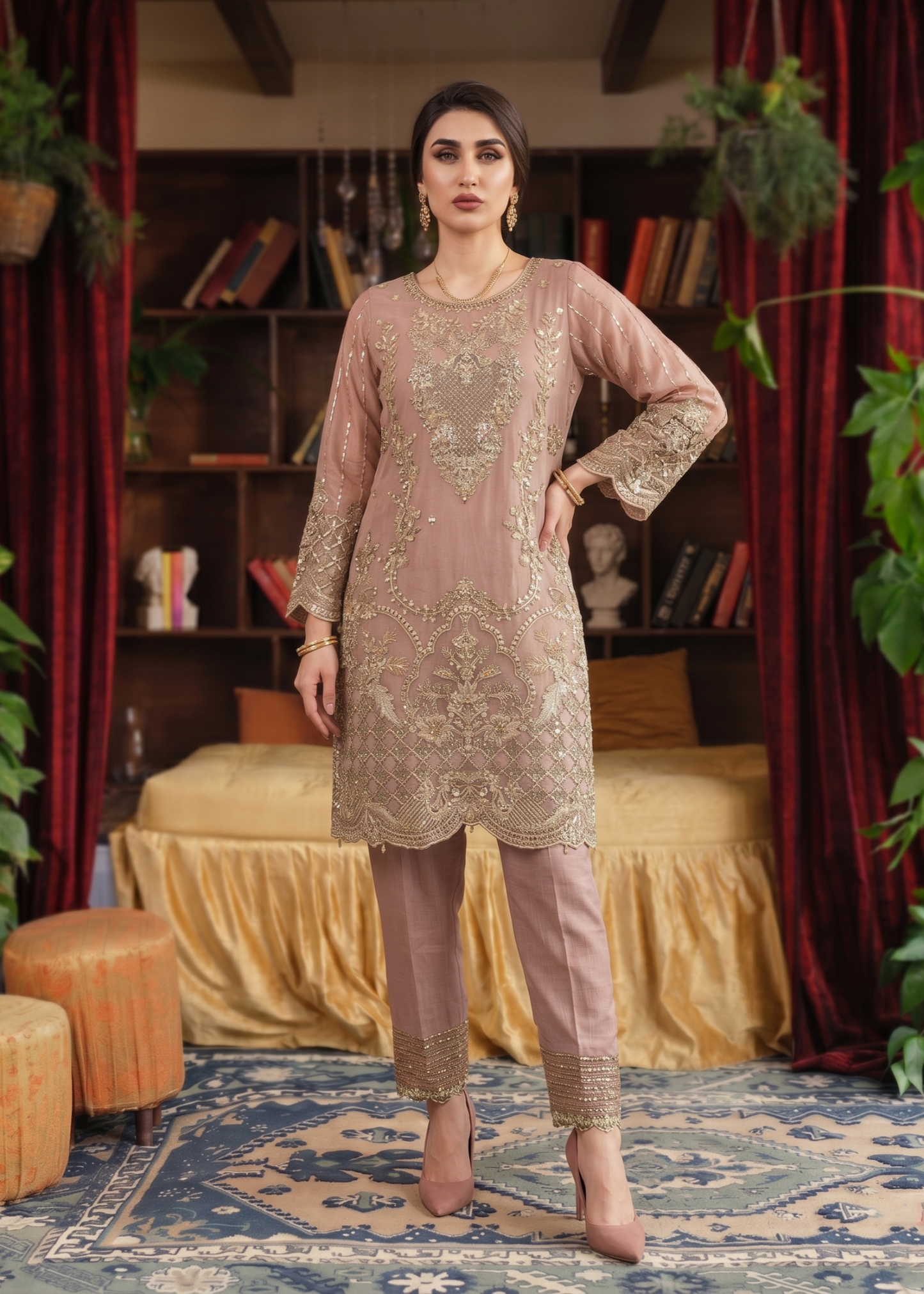 Pakistani Designer Mauve Pink Organza Suit Online in KSA Riyadh Saudi Arabia Oman Bahrain Qatar