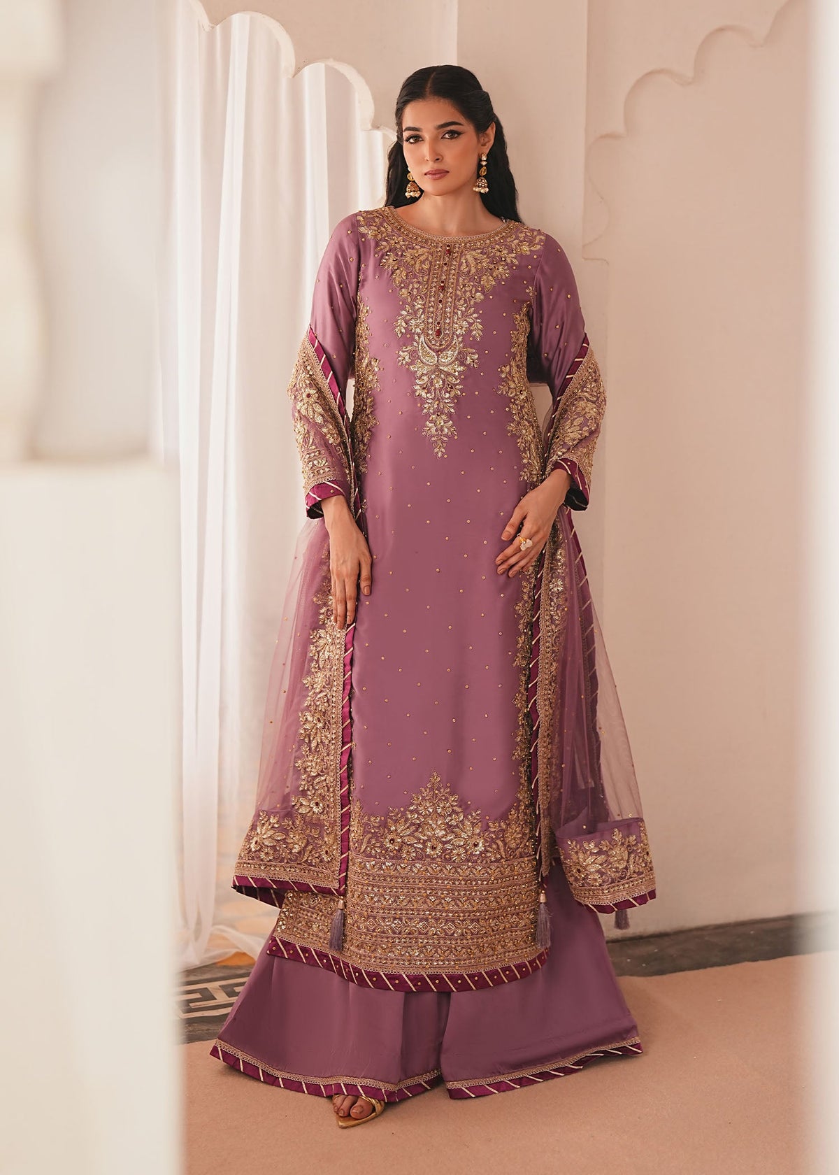 Pakistani Designer Mauve Silk Charmeuse Salwar Kameez Online in KSA Riyadh Saudi Arabia Oman Bahrain Qatar