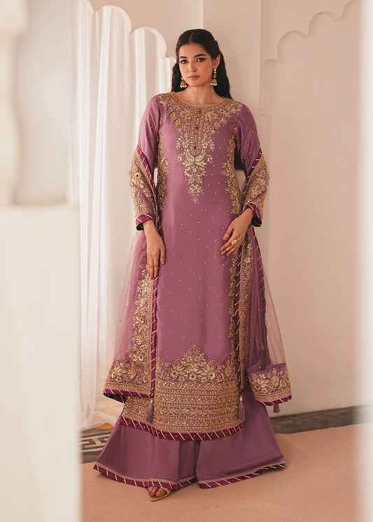 Pakistani Designer Mauve Silk Charmeuse Salwar Kameez Online in KSA Riyadh Saudi Arabia Oman Bahrain Qatar