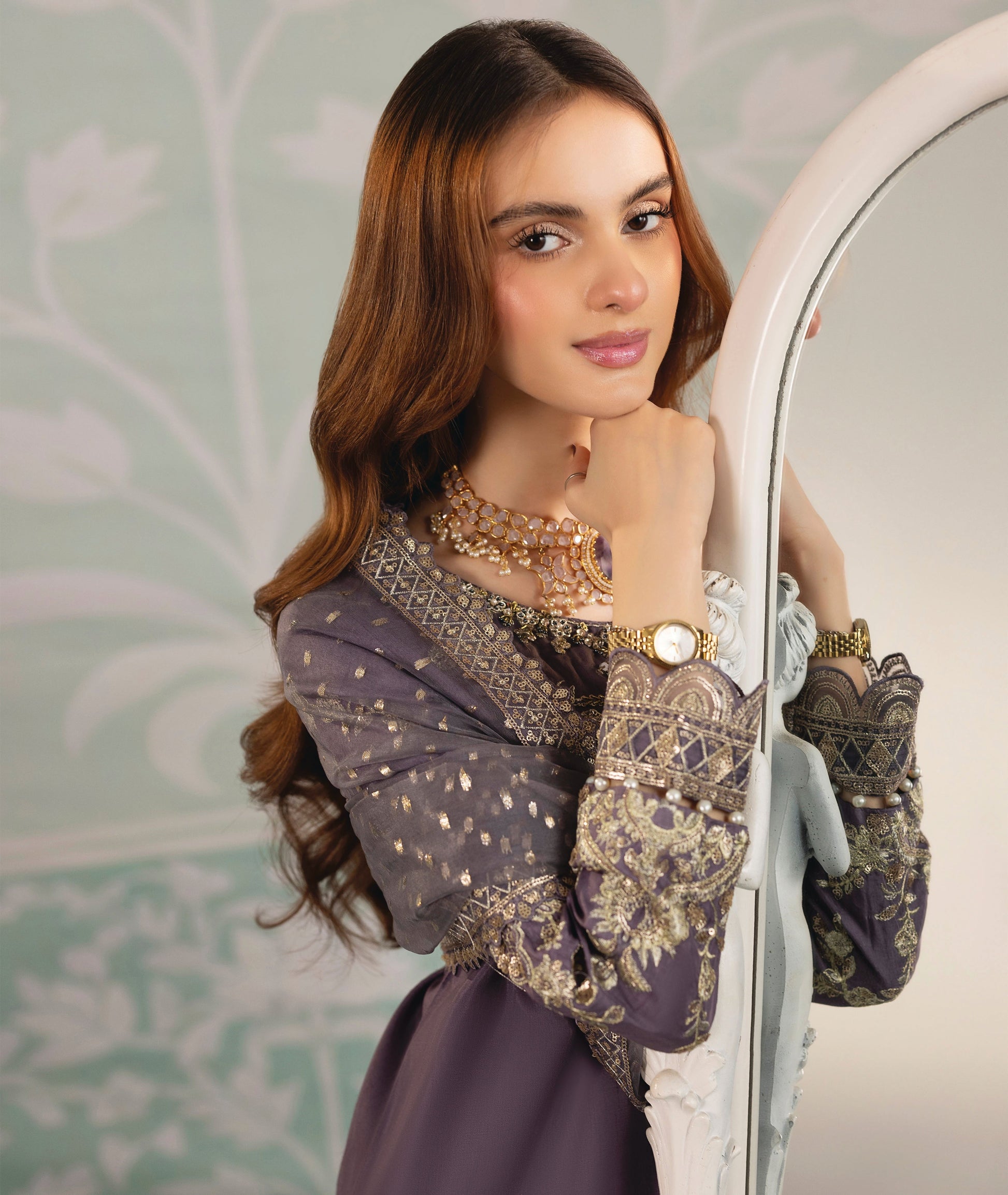 Pakistani Designer Mauve Silk Embroidered Suit Online in KSA Riyadh Saudi Arabia Oman Bahrain Qatar