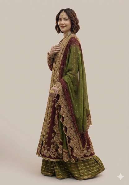 Pakistani Designer Mehendi Chiffon Wedding Outfit Online in KSA Riyadh Saudi Arabia Oman Bahrain Qatar