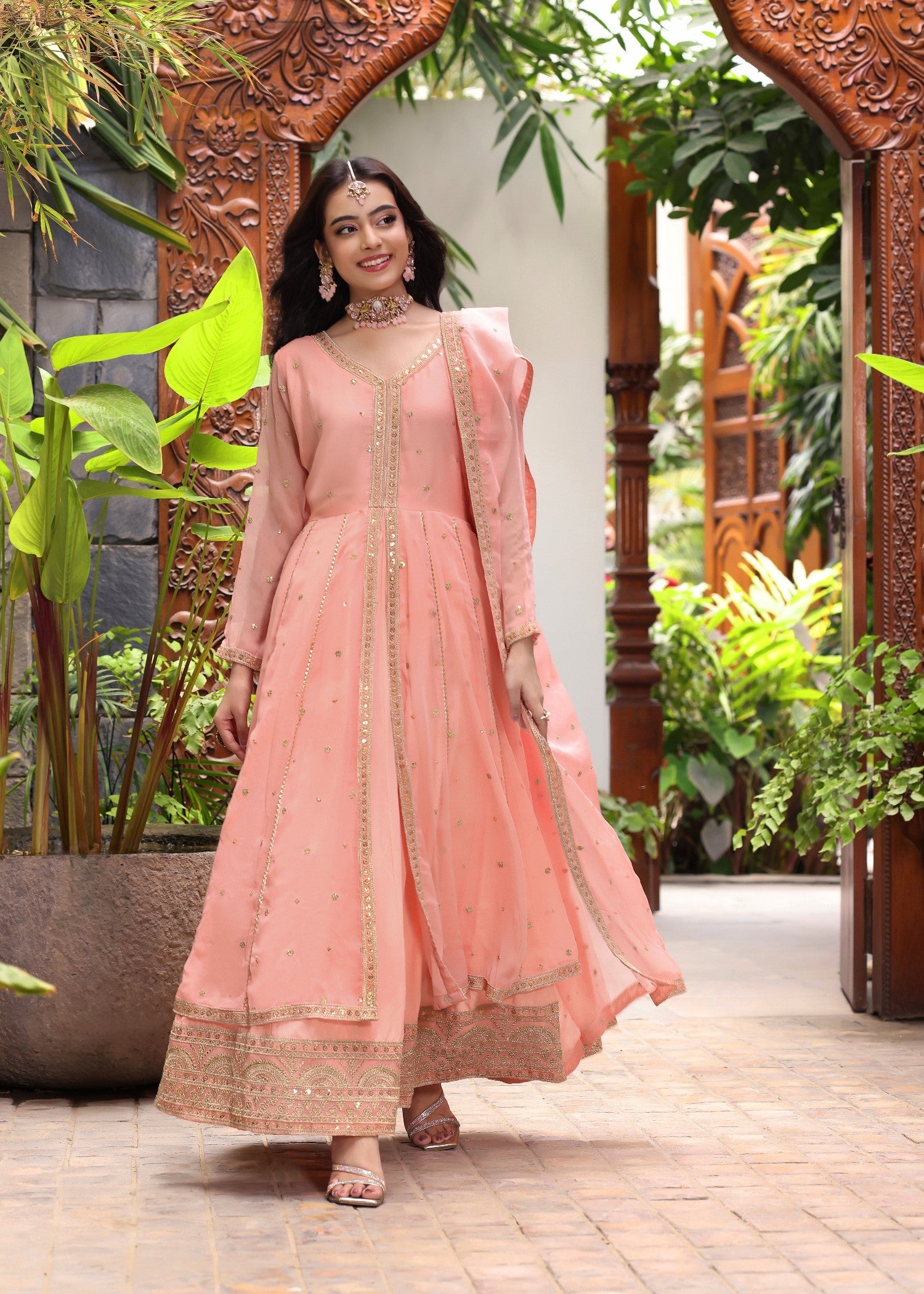 Pakistani Designer Melon Pink Chiffon Salwar Kameez Online in KSA Riyadh Saudi Arabia Oman Bahrain Qatar