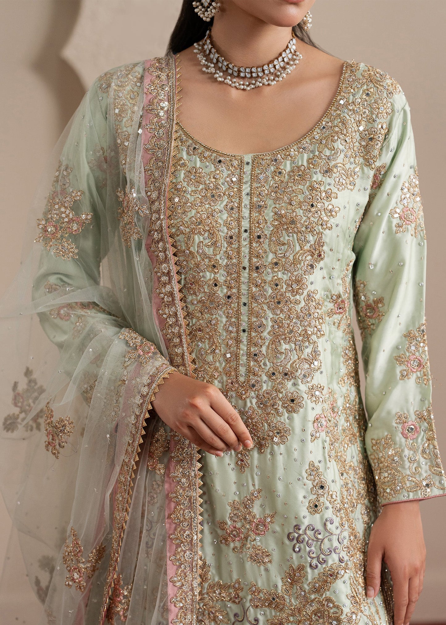Pakistani Designer Mint Green Charmuse Salwar Suit Online in KSA Riyadh Saudi Arabia Oman Bahrain Qatar