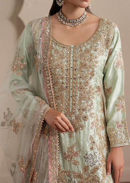 Pakistani Designer Mint Green Charmuse Salwar Suit Online in KSA Riyadh Saudi Arabia Oman Bahrain Qatar